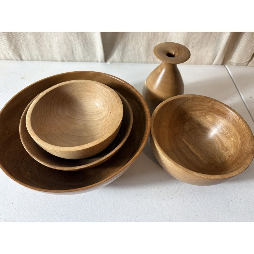 Vintage Hand Turned Wood Bowls Set Signed 2004-2005 Decor Salad Display Vase USA